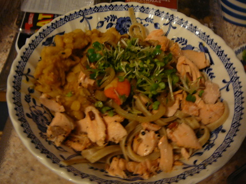 Bowl of kamut pasta and salmon flakes and scallops and haricot bean casserole