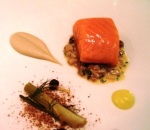 Casamia salmon poached in olive oil with Jerusalem artichoke puree