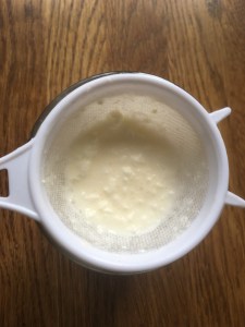 milk kefir grains in plastic tea strainer 