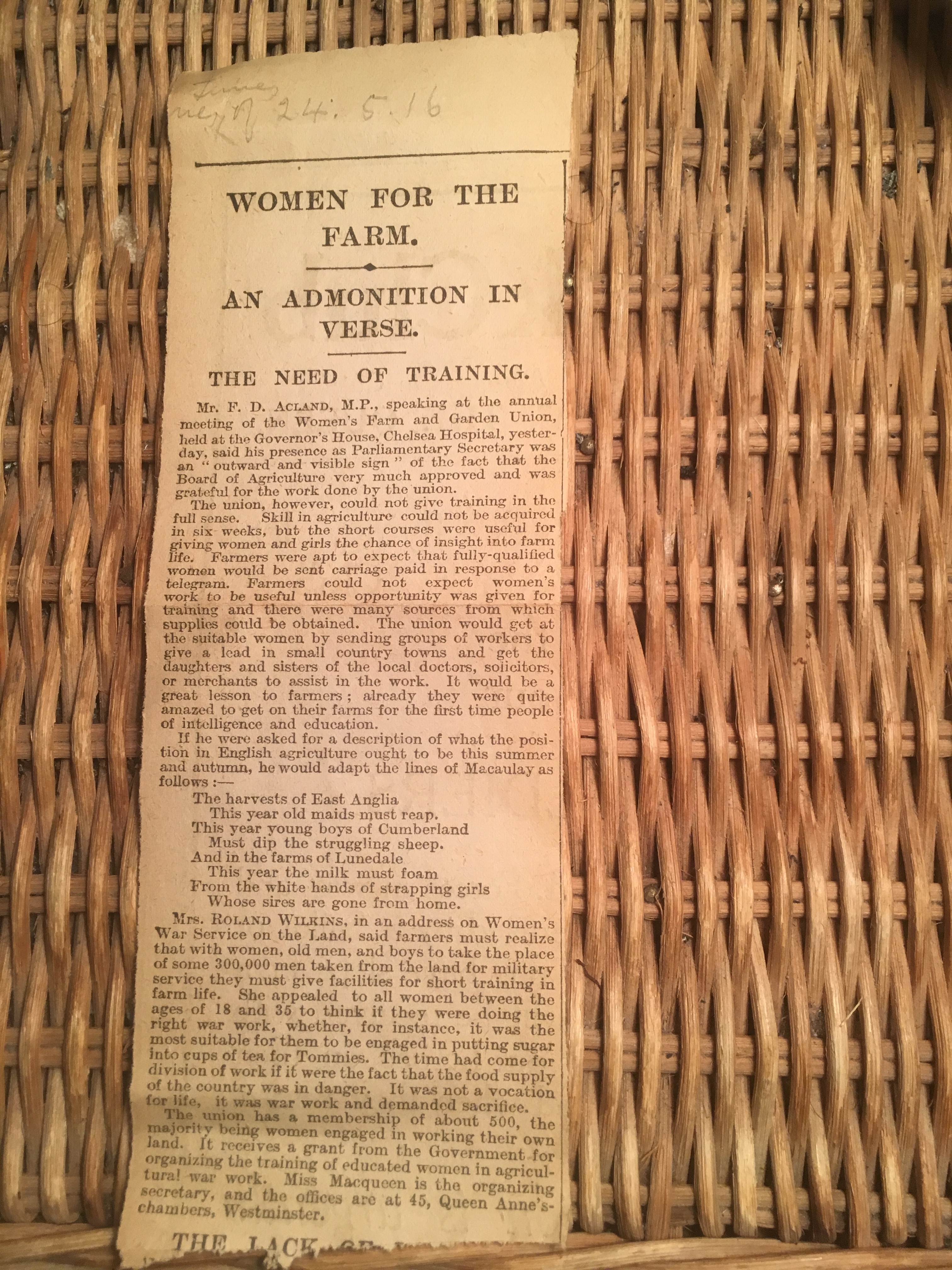 1916 newspaper cutting on origins of Women's Land Army
