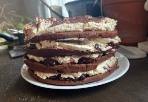 Four layered chocolate sponge cakes filled with whipped cream, and sour cherry filling and topped with whipped cream